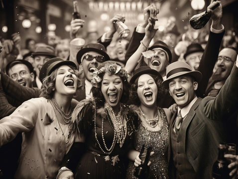 Sepia-toned photograph capturing jubilant crowds celebrating a momentous historical event with cheer and festivity.