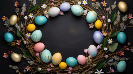 Closeup of ring or circle of colored easter eggs and branch with flowers on grey background, easter design, easter greeting card celebration