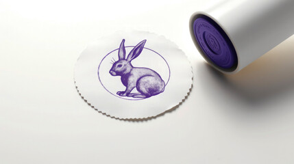 Closeup of printing paper and stamp of purple easter bunny, celebration, easter