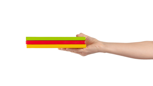 Closeup of woman hand showing green, red and yellow notebook, holding textbooks or organizers, education, reading literature. Studio shot isolated on transparent png background with clipping paths. 