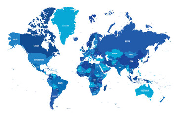 Map of World. Mercator projection. High detailed political map of countries and dependent territories. Simple flat vector illustration