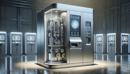 Sleek token dispensing machine in an industrial setting with precise engineering and cool metallic tones
