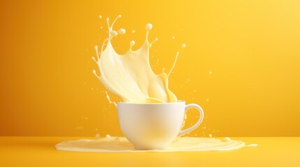 a splash of milk in a white cup on a yellow background with a splash of milk coming out of it.