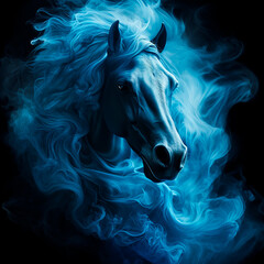 Obraz na płótnie Canvas Head of a blue horse with a flowing mane, portrait, close-up on black, unusual animal 