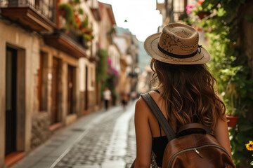 Wanderer's Path: Traveler in Explorer Hat Roaming an Ancient Spanish Street
