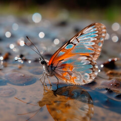 Fototapeta na wymiar A glass transparent butterfly sits on the surface of the water, an unusual insect, close-up