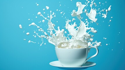 Obraz na płótnie Canvas a splash of milk in a white cup on a saucer on a blue background with a splash of milk in the middle of the cup.