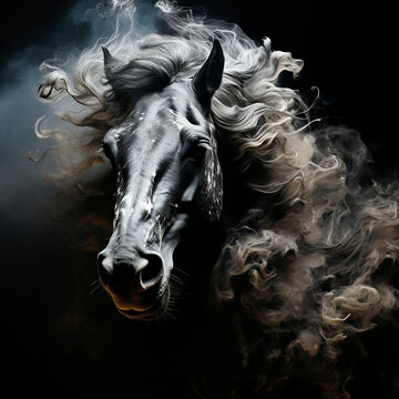 Head of a black horse with a flowing mane, portrait, close-up on black, unusual animal