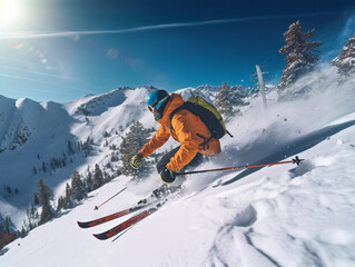 Skier descends pristine snowy slope, carving swift paths between untouched powdery drifts under clear skies.