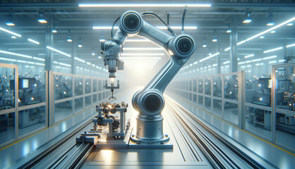 Futuristic robotic arm assembling complex mechanical device in high-tech manufacturing space.