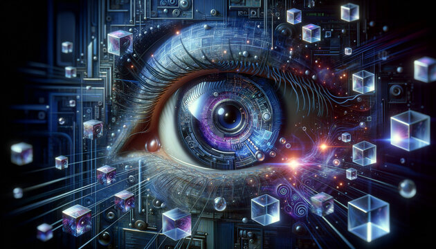Surreal Computer Vision: Hyper-realistic eye transforms into camera lens, analyzing abstract data streams.