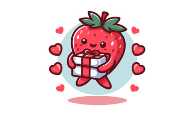 Valentine's Day, lovely, cute, strawberry, gift, opening, flat, illustration