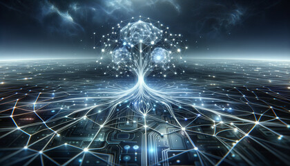 Futuristic neural network with glowing pathways and sleek digital interface.
