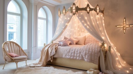  a bedroom with a canopy bed and a chandelier with lights on it and a chair in front of the bed.