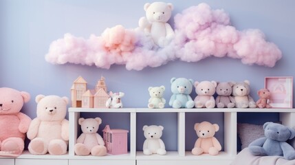  a group of teddy bears sitting on a shelf in a room with pink and blue walls and clouds above them.