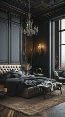 A spacious and luxurious bedroom in dark black tones