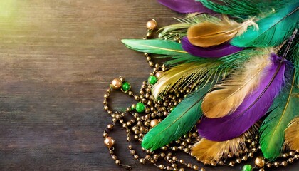Mardi Gras feathers and beads in purple, gold, and green with blank copy space