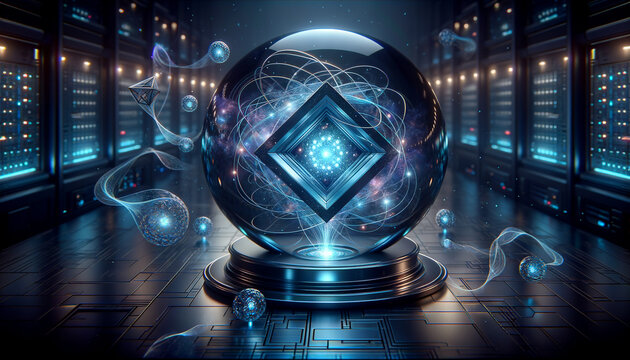 Sleek quantum computer with glowing qubits in dimly lit lab
