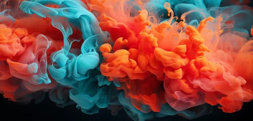 Foto op Plexiglas A vivid eruption of iridescent turquoise and coral smoke spiraling in an intricate dance, crafting a stunning and ephemeral spectacle. © Abdul