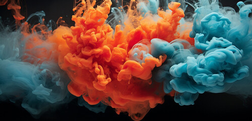 Fototapeta na wymiar A vivid eruption of iridescent turquoise and coral smoke spiraling in an intricate dance, crafting a stunning and ephemeral spectacle.
