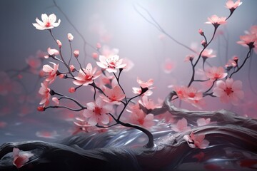 Abstract 3D blossoms emerging from a misty realm, leaving space for your content.