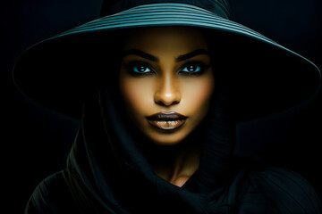 Portrait de femme métis élégante portant un grand chapeau noir - obrazy, fototapety, plakaty