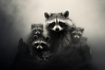 foggy black and white portrait of a raccoon family on an old tree stump