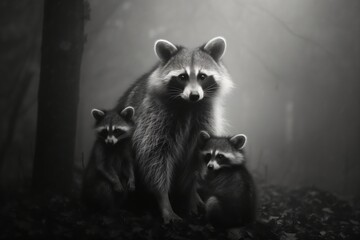 foggy black and white portrait of a raccoon mom and her kids
