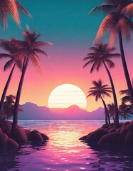 Synthwave outrun style wallpaper background with tropical plants - obrazy, fototapety, plakaty