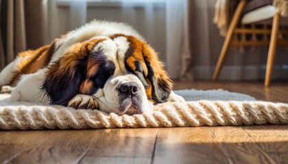 Young saint Bernard puppy dog sleeping on knitted blanket - Powered by Adobe