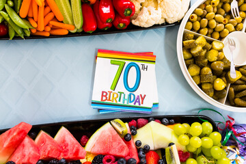 Birthday Party Food Colorful Fruit and Vegetable Platters. Milestone 70th Birthday Event...