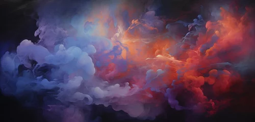 Rolgordijnen Bursting streams of vermilion and sapphire smoke weaving an ethereal narrative, painting the atmosphere with a captivating symphony of hues. © Abdul