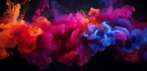 Cascading bursts of ruby and cobalt-colored smoke intertwining in a captivating and colorful dance against a dark backdrop.