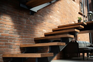 Loft elegance Stairs ascend in a stylish, modern apartment space - obrazy, fototapety, plakaty