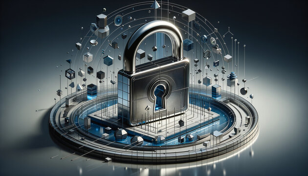 Futuristic padlock integrated into geometric landscape, symbolizing digital rights management.
