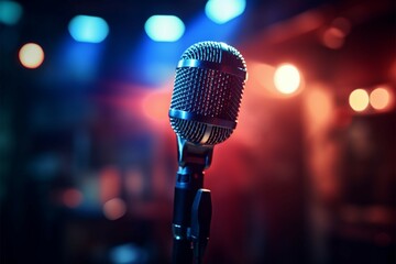 Behind the scenes microphone close up, stage lights add a musical dimension