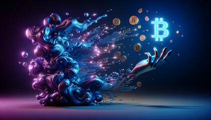 Organic-Digital Fusion: Fluid shapes morph into crypto symbols, blurring human-digital boundaries.