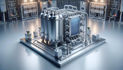 Hydrogen fuel cell system in sleek industrial environment, emphasizing practicality and advanced engineering.