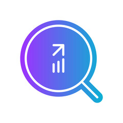 Fototapeta premium gradient icon purple - Magnifying glass with upward arrow and graph. A minimalist icon of a magnifying glass with an upward arrow and a graph, symbolizing the search for growth data or positive trends