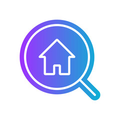 gradient icon purple - Magnifying glass with house symbol. A minimalist icon of a magnifying glass with a house symbol, symbolizing the search for real estate, housing, or property data