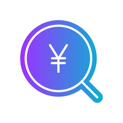Obraz premium gradient icon purple - Magnifying glass with Yen currency symbol. A minimalist icon of a magnifying glass with a Yen currency symbol, representing the search for financial data related to the Yen