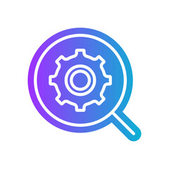 gradient icon purple - Magnifying glass with gear. A minimalist icon of a magnifying glass with a gear symbol, symbolizing the search for technical details, settings, or system configurations
