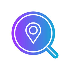 gradient icon purple - Magnifying glass with location marker. A minimalist icon of a magnifying glass with a location marker, symbolizing the search for location, maps, or geographical information