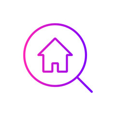 gradient icon purple - Magnifying glass with a house icon, representing property search, real estate, and home finding services