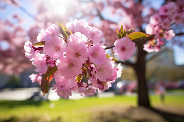 Beautiful cherry tree covered in pink blossoms in park setting, ideal for springtime, nature, renewal and travel themes.