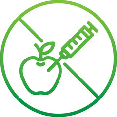 gradient green icon - Non-GMO apple icon with a crossed-out syringe, symbolizing food free from genetic modification and chemical additives
