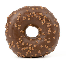 Chocolate donut with sprinkles on a white background, close up. The concept of junk food.