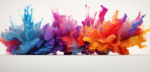 Dynamic explosions of vibrant colored powder and energetic colorful paint splashes, forming abstract design elements on a pristine solid white backdrop.