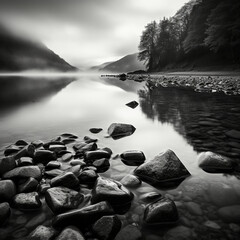 fotografia en blanco y negro con paisaje natural de lago de montaña con reflejos de luz