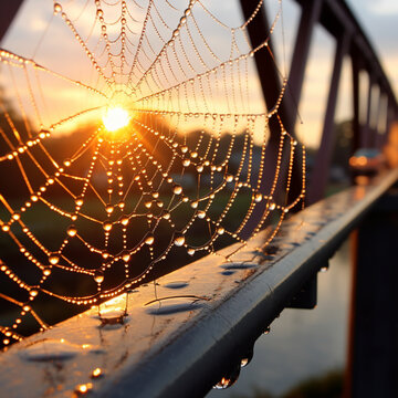 Fotografia con detalle de reflejos de sol sobre una tela de ara&ntilde;a en una barandilla de metal